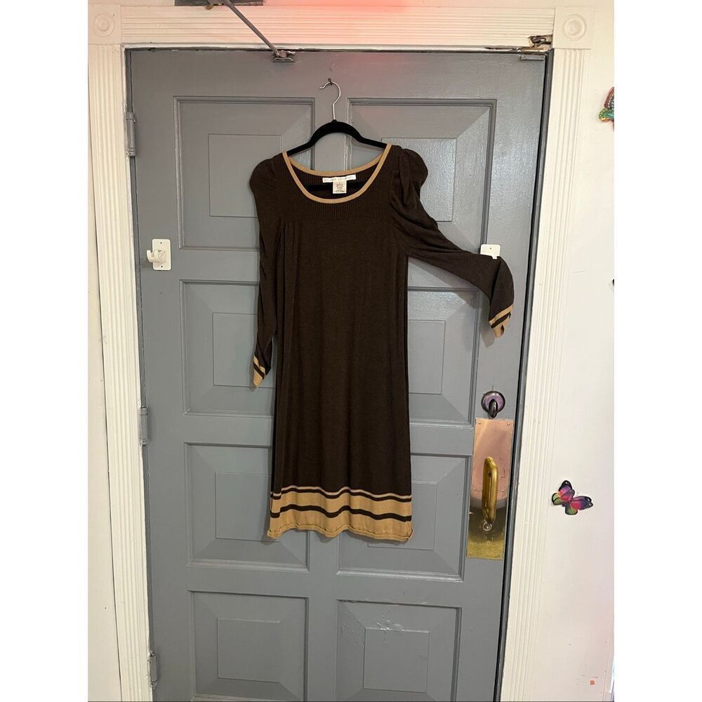 Max Studio Y2K Brown Puff Sleeve Sweater‎ Dress Sz M Cotton Rayon
